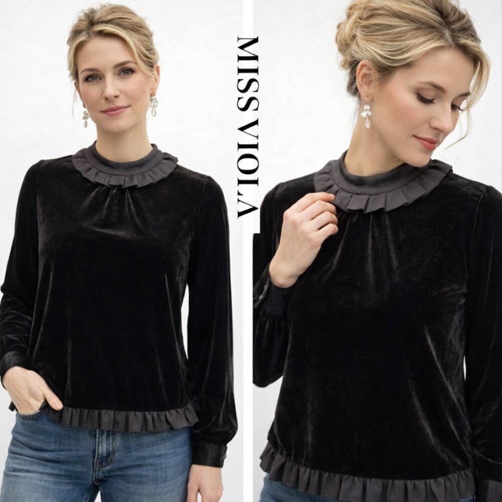 Black Crushed Velvet Blouse MISS VIOLA Preppy Chic Quiet Luxury Cocktail Party